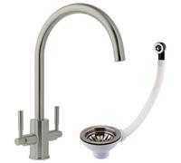 FNX Bathrooms Newbury Stainless Steel Dual Lever Kitchen Sink Mixer & Basket Strainer (Round Overflow)