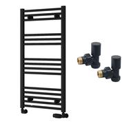 FNX Bathrooms Reina Capo Flat Black Bathroom Heated Towel Rail 1000 X 500mm With Manual Angled Valves - Stylish Mild Steel Ladder Radiator