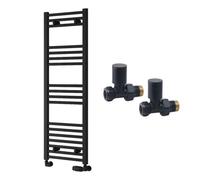 FNX Bathrooms Reina Capo Flat Black Bathroom Heated Towel Rail 1200 X 400mm With Manual Straight Valves - Stylish Mild Steel Ladder Radiator