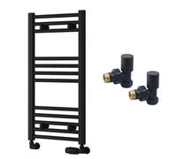 FNX Bathrooms Reina Capo Flat Black Bathroom Heated Towel Rail 800 X 400mm With Manual Angled Valves - Stylish Mild Steel Ladder Radiator