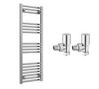 FNX Bathrooms Reina Capo Flat Chrome Bathroom Heated Towel Rail 1200 X 400mm With Manual Angled Valves - Stylish Mild Steel Ladder Radiator