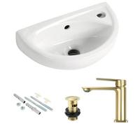 FNX Bathrooms Space-Saving Wall-Hung Cloakroom Basin & Brushed Brass Blade Mixer Tap With Slotted Waste