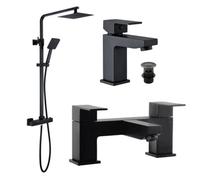 FNX Bathrooms Square Black Thermostatic Overhead Shower Kit & Form Basin & Bath Filler Tap Pack