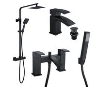 Fnx Bathrooms Square Black Thermostatic Overhead Shower Kit With Handheld & Lucia Basin & Bath Shower Mixer Taps Pack