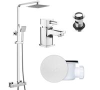 FNX Bathrooms Square Chrome Thermostatic Overhead Shower Kit With Cube Basin Mixer Tap Set & Shower Waste