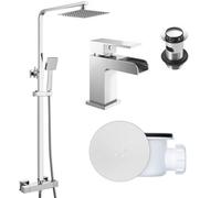 FNX Bathrooms Square Chrome Thermostatic Overhead Shower Kit With Waterfall Basin Mixer Tap Set & Shower Waste