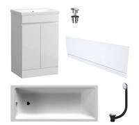 FNX Bathrooms Waterproof 500mm Vanity Unit With Single Ended Bath Gloss White Front Panel Chrome Bath & Universal Basin Waste Set