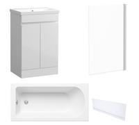 FNX Bathrooms Waterproof 500mm Vanity Unit With Single Ended Bath, Gloss White Front Panel & Chrome Profile Bath Screen