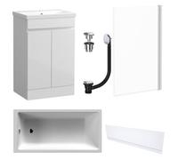 FNX Bathrooms Waterproof 500mm Vanity Unit With Single Ended Bath, Gloss White Front Panel, Chrome Screen, Bath & Universal Basin Waste