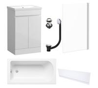 FNX Bathrooms Waterproof 500mm Vanity Unit With Single Ended Bath, Gloss White Front Panel, Chrome Screen, Bath & Slotted Basin Waste