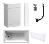 FNX Bathrooms Waterproof 500mm Vanity Unit With Single Ended Bath, Gloss White Front Panel, Chrome Screen, Bath & Universal Basin Waste
