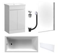 FNX Bathrooms Waterproof 500mm Vanity Unit With Single Ended Bath, Gloss White Front Panel, Chrome Screen, Bath & Universal Basin Waste