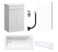 FNX Bathrooms Waterproof 500mm Vanity Unit With Single Ended Bath, Gloss White Front Panel, Chrome Screen, Bath & Universal Basin Waste