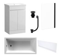 FNX Bathrooms Waterproof 500mm Vanity Unit With Single Ended Bath, Gloss White Front Panel, Matt Black Screen, Bath & Slotted Basin Waste
