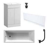 FNX Bathrooms Waterproof 500mm Vanity Unit With Single Ended Bath Gloss White Front Panel Matt Black Bath & Universal Basin Waste Set