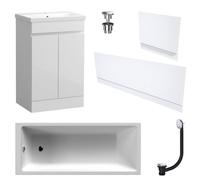 FNX Bathrooms Waterproof 500mm Vanity Unit With Single Ended Bath Gloss White Panel Set Chrome Bath & Universal Basin Waste