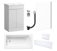 FNX Bathrooms Waterproof 500mm Vanity Unit With Single Ended Bath, Gloss White Panels, Chrome Screen, Bath & Universal Basin Waste