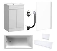 FNX Bathrooms Waterproof 500mm Vanity Unit With Single Ended Bath, Gloss White Panels, Chrome Screen, Bath & Slotted Basin Waste