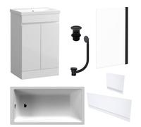 FNX Bathrooms Waterproof 500mm Vanity Unit With Single Ended Bath, Gloss White Panels, Matt Black Screen, Bath & Slotted Basin Waste