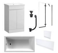 FNX Bathrooms Waterproof 500mm Vanity Unit With Single Ended Bath, Gloss White Panels, Matt Black Screen, Bath & Universal Basin Waste