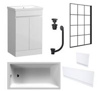 FNX Bathrooms Waterproof 500mm Vanity Unit With Single Ended Bath, Gloss White Panels, Matt Black Screen, Bath & Universal Basin Waste