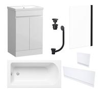 FNX Bathrooms Waterproof 500mm Vanity Unit With Single Ended Bath, Gloss White Panels, Matt Black Screen, Bath & Universal Basin Waste