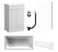FNX Bathrooms Waterproof 600mm Vanity Unit With Single Ended Bath, Gloss White Front Panel, Chrome Screen, Bath & Slotted Basin Waste