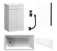 FNX Bathrooms Waterproof 600mm Vanity Unit With Single Ended Bath, Gloss White Front Panel, Matt Black Screen, Bath & Universal Basin Waste