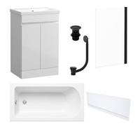 FNX Bathrooms Waterproof 600mm Vanity Unit With Single Ended Bath, Gloss White Front Panel, Matt Black Screen, Bath & Slotted Basin Waste