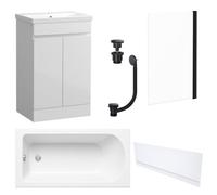 FNX Bathrooms Waterproof 600mm Vanity Unit With Single Ended Bath, Gloss White Front Panel, Matt Black Screen, Bath & Universal Basin Waste