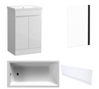 FNX Bathrooms Waterproof 600mm Vanity Unit With Single Ended Bath, Gloss White Front Panel & Matt Black Profile Bath Screen