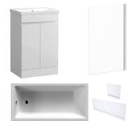 FNX Bathrooms Waterproof 600mm Vanity Unit With Single Ended Bath, Gloss White Panels & Chrome Profile Bath Screen