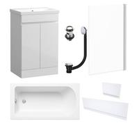 FNX Bathrooms Waterproof 600mm Vanity Unit With Single Ended Bath, Gloss White Panels, Chrome Screen, Bath & Slotted Basin Waste