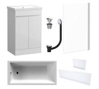 FNX Bathrooms Waterproof 600mm Vanity Unit With Single Ended Bath, Gloss White Panels, Chrome Screen, Bath & Universal Basin Waste