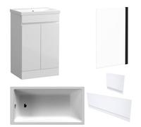 FNX Bathrooms Waterproof 600mm Vanity Unit With Single Ended Bath, Gloss White Panels & Matt Black Profile Bath Screen