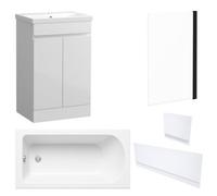 FNX Bathrooms Waterproof 600mm Vanity Unit With Single Ended Bath, Gloss White Panels & Matt Black Profile Bath Screen