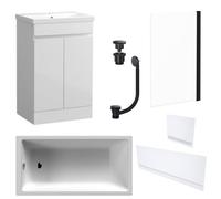 FNX Bathrooms Waterproof 600mm Vanity Unit With Single Ended Bath, Gloss White Panels, Matt Black Screen, Bath & Universal Basin Waste