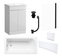 FNX Bathrooms Waterproof 600mm Vanity Unit With Single Ended Bath, Gloss White Panels, Matt Black Screen, Bath & Slotted Basin Waste