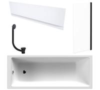 FNX Bathrooms White 1700 X 700 mm Single-Ended Bath With Waterproof Front Panel & Straight Black-Frame Bath Screen