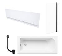 FNX Bathrooms White 1700 X 700 mm Single-Ended Bath With Waterproof Front Panel Straight Black-Frame Bath Screen & Matching Black Bath Waste