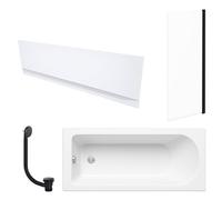 FNX Bathrooms White 1700 X 700 mm Single-Ended Bath With Waterproof Front Panel Straight Black-Frame Bath Screen & Matching Black Bath Waste