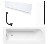 FNX Bathrooms White 1700 X 700 mm Single-Ended Bath With Waterproof Front Panel & Straight Black-Frame Bath Screen