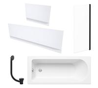 FNX Bathrooms White 1700 X 700 mm Single-Ended Bath With Waterproof Panel Set Straight Black-Frame Bath Screen & Matching Black Bath Waste