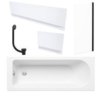 FNX Bathrooms White 1700 X 700 mm Single-Ended Bath With Waterproof Panel Set & Straight Black-Frame Bath Screen