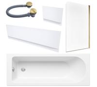 FNX Bathrooms White 1700 X 700 Single-Ended Bath With Waterproof Panel Set Brushed Brass Waste & Reversible Hinged Glass Bath Shower Screen