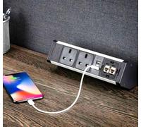 FNX_K DPA2010USB 'Above The Desk' Power & Charging Docking Station | 13A Socket, USB Port, Blank Plate, Data Plate (2 Apertures) & Configurable Tunnel for Data/Voice Cable - 'C' Clamp | Home & Office