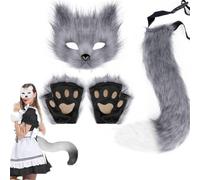 Fo-x Costume 1 Set Realistic Plush White Themed Decorative Therian Gear Includes Fo-x Mask, Fo-x Tail and Fo-x Paws for Masquerade Cosplay Halloween Easter (Gray)