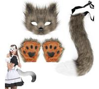 Fo-x Costume 1 Set Realistic Plush White Themed Decorative Therian Gear Includes Fo-x Mask, Fo-x Tail and Fo-x Paws for Masquerade Cosplay Halloween Easter (brown)