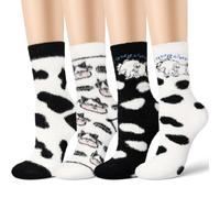 Foaincore 4 Pairs Fuzzy Cow Socks for Women Winter Cow Print Stuff Socks Cute Fluffy Cozy Funny Gifts for Women, White and Black, One Size-9
