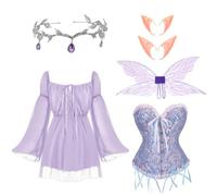 Foaincore 6 Pcs Women Fairy Costumes Set Off Shoulder Short Dress Floral Corset Rhinestone Tiara Elf Ears Wings, Purple, Medium